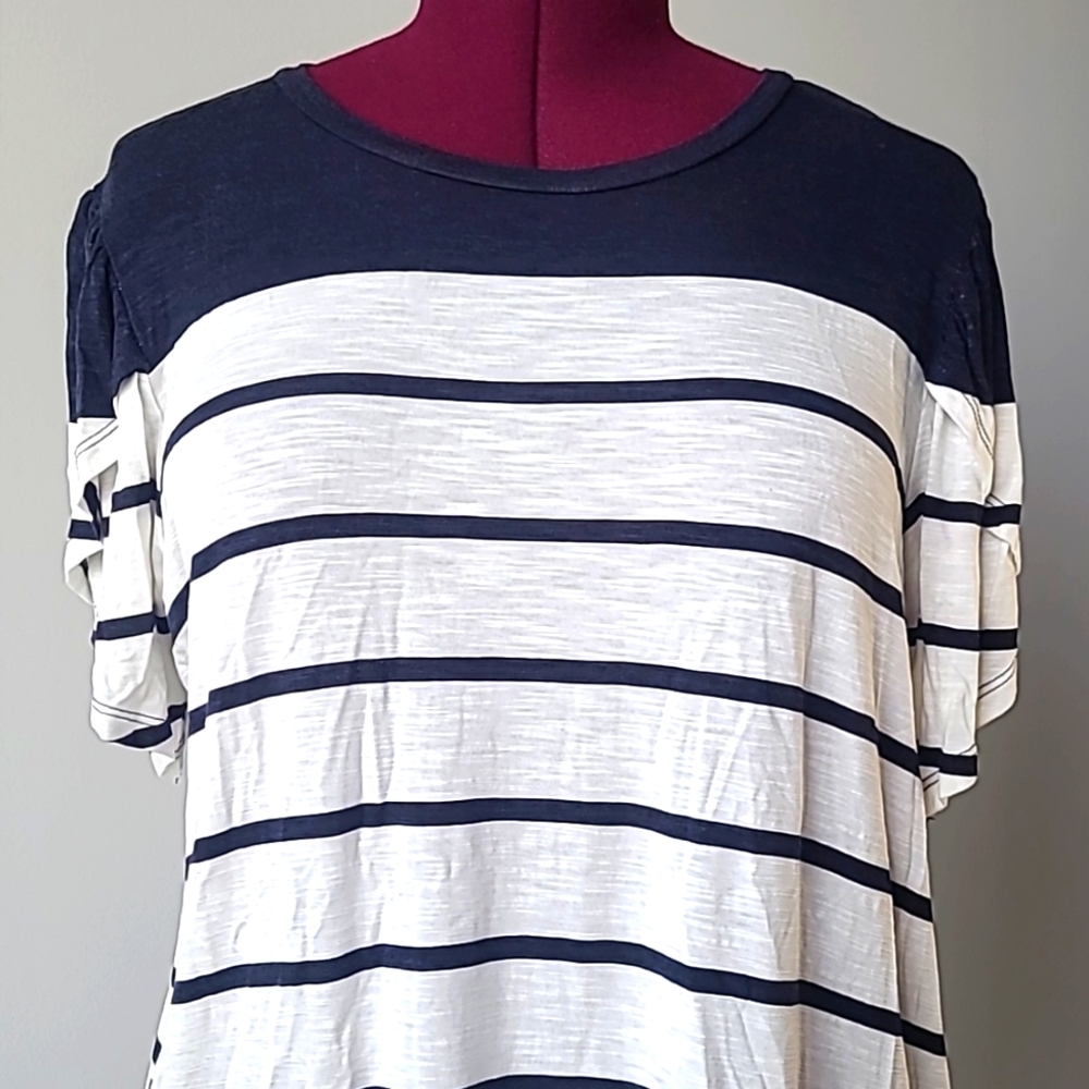 Navy & White Stripe Tulup Sleeve Top- LLR Olive